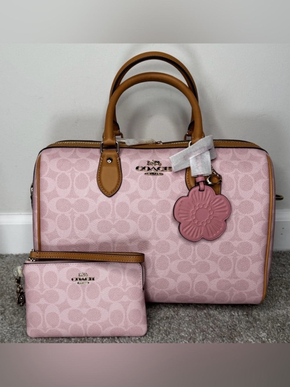 NWT Coach Rowan Satchel Bag w/Charms Powder Pink LARGE, Wristlet w/ Charms Set